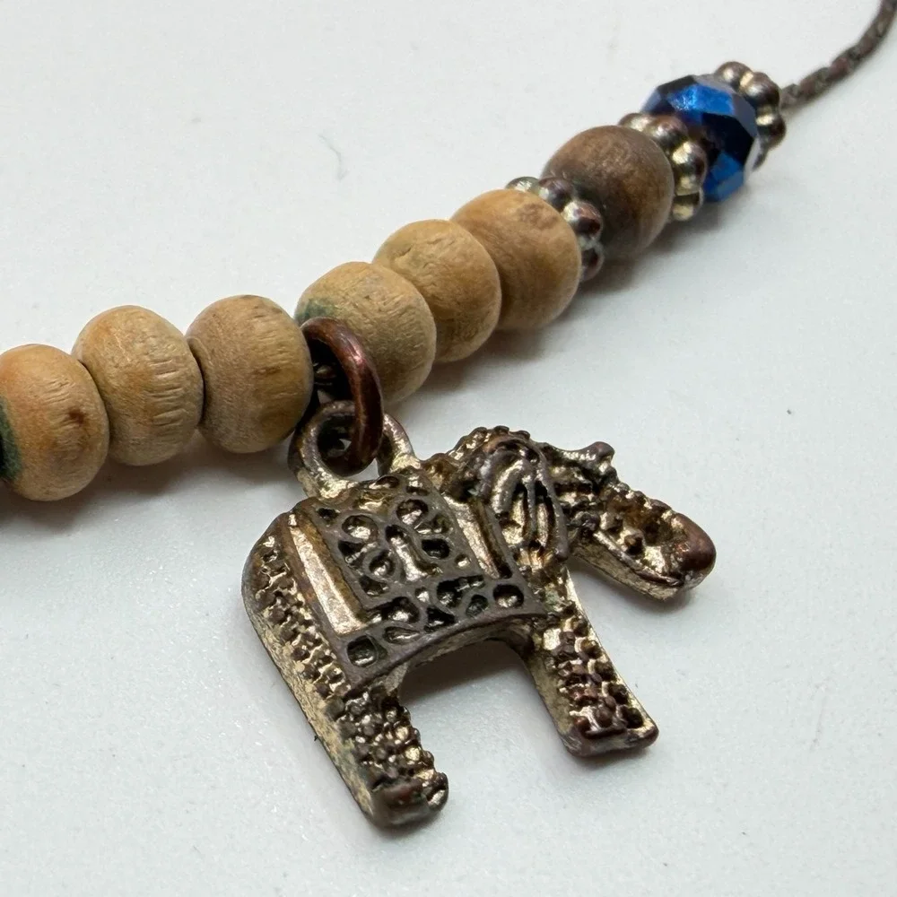 Elephant Charm Bracelet Wood Beads Blue Crystal Boho Bronze Tone Adjustable